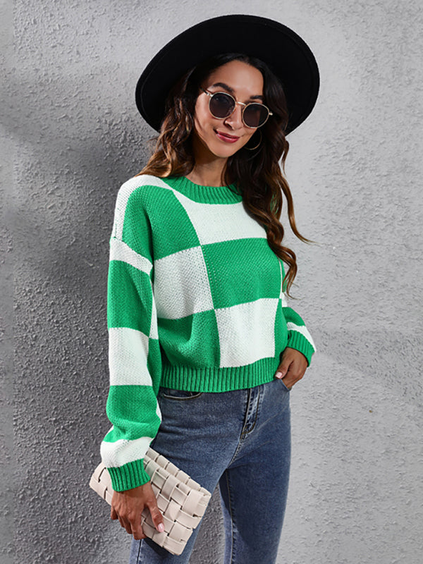 Women's chessboard checkered shoulder long sleeve short loose knit sweater