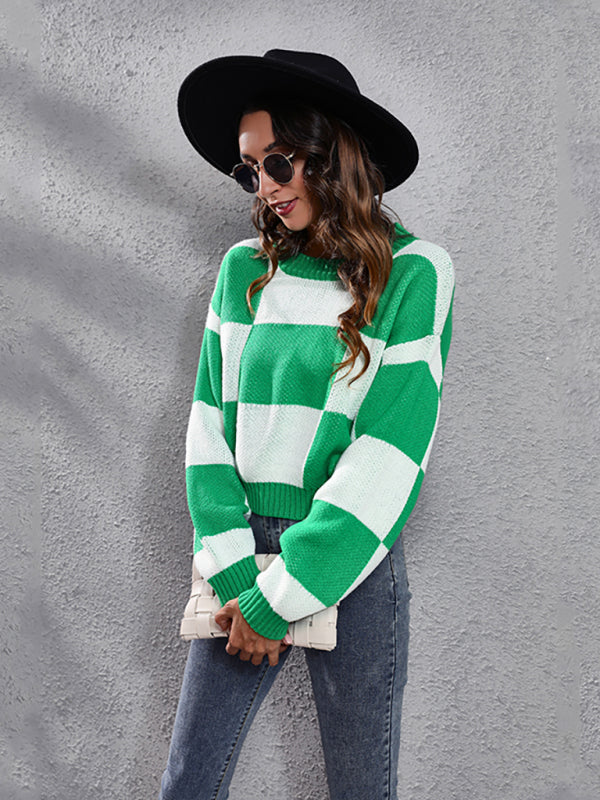 Women's chessboard checkered shoulder long sleeve short loose knit sweater