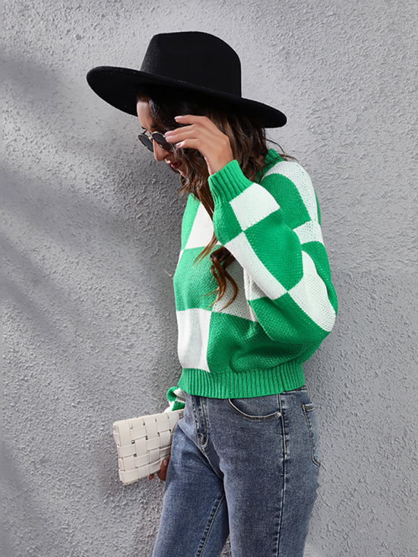 Women's chessboard checkered shoulder long sleeve short loose knit sweater