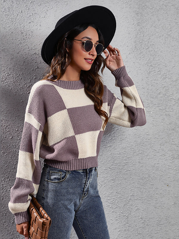 Women's chessboard checkered shoulder long sleeve short loose knit sweater
