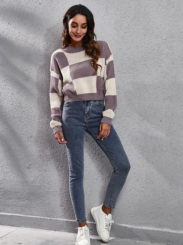 Women's chessboard checkered shoulder long sleeve short loose knit sweater