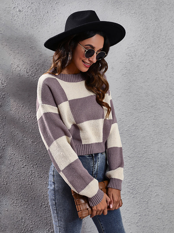 Women's chessboard checkered shoulder long sleeve short loose knit sweater