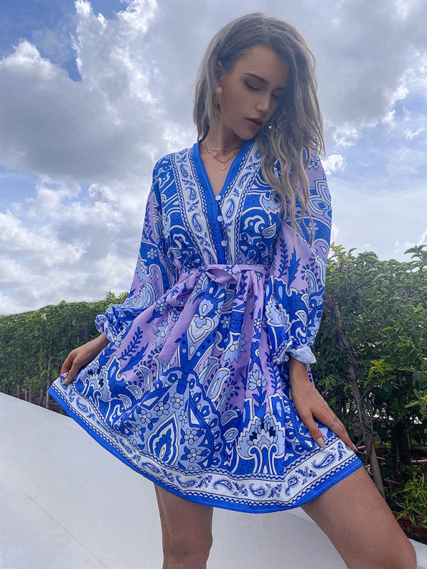 Woman'S  Printed V-Neck Short Skirt Single-Breasted Lantern Sleeves Strappy Long-Sleeved Dress