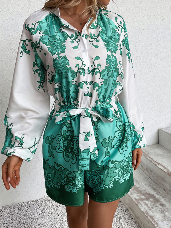 Woman'S Autumn New Puff Sleeve Lapel Long Sleeve Print Lace Up Jumpsuit