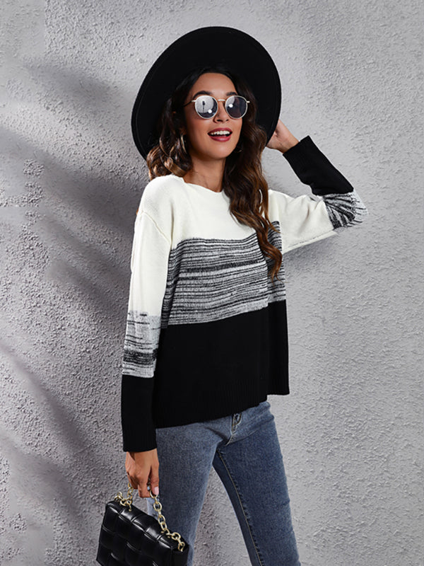 Women's gradient color block off shoulder knitted sweater