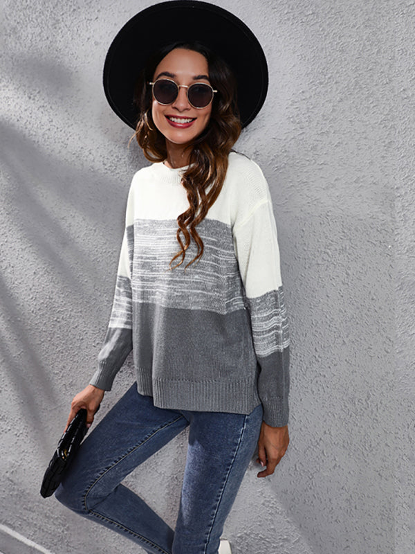 Women's gradient color block off shoulder knitted sweater
