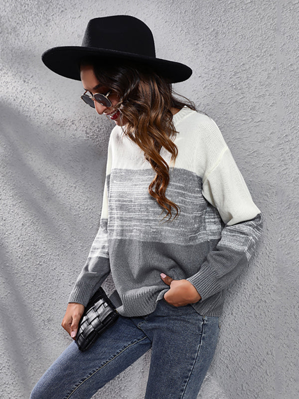 Women's gradient color block off shoulder knitted sweater