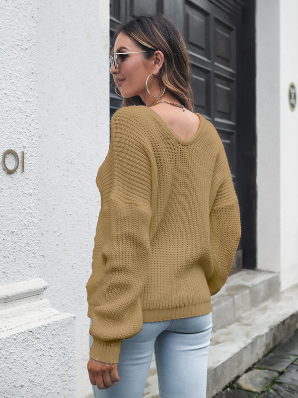 Women's V-neck loose shoulder long sleeve sweater