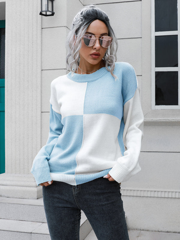 Women's chessboard Plaid loose long sleeve sweater