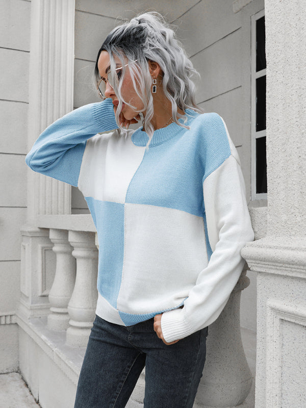 Women's chessboard Plaid loose long sleeve sweater
