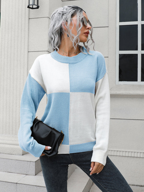 Women's chessboard Plaid loose long sleeve sweater