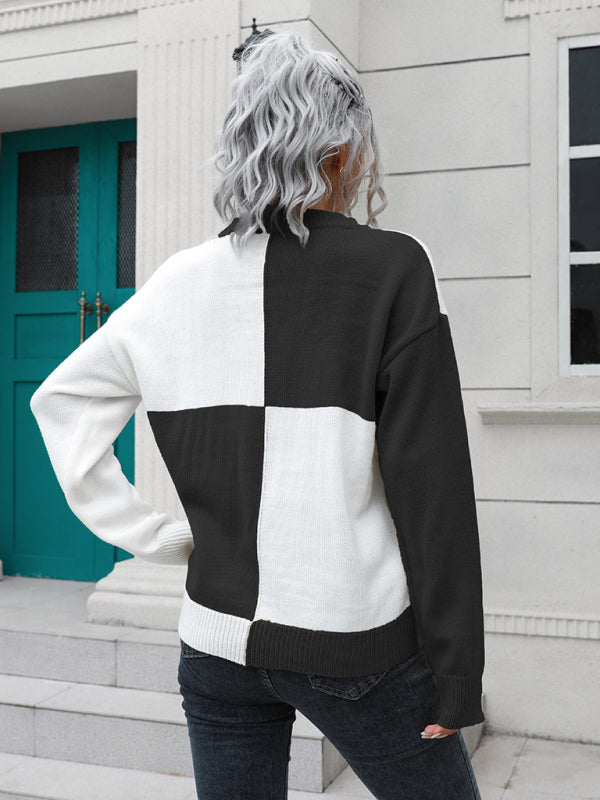 Women's chessboard Plaid loose long sleeve sweater
