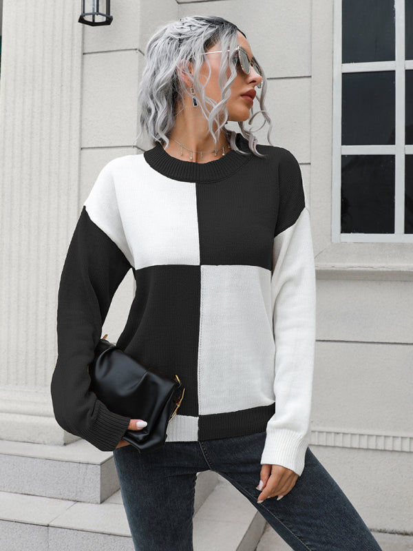 Women's chessboard Plaid loose long sleeve sweater