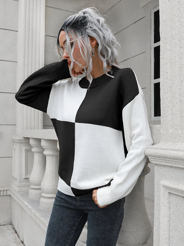 Women's chessboard Plaid loose long sleeve sweater