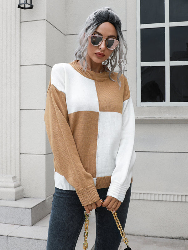 Women's chessboard Plaid loose long sleeve sweater