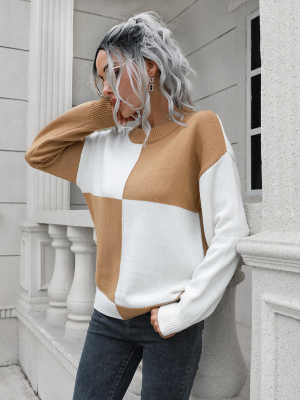 Women's chessboard Plaid loose long sleeve sweater