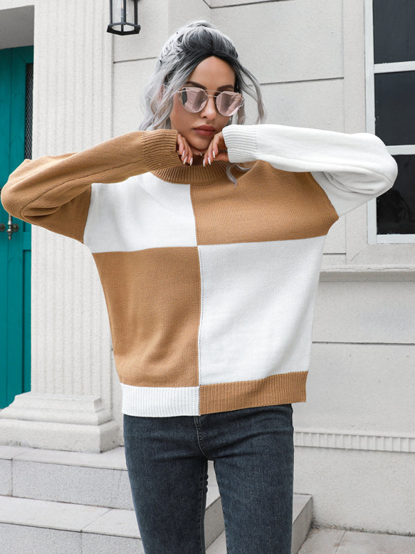 Women's chessboard Plaid loose long sleeve sweater