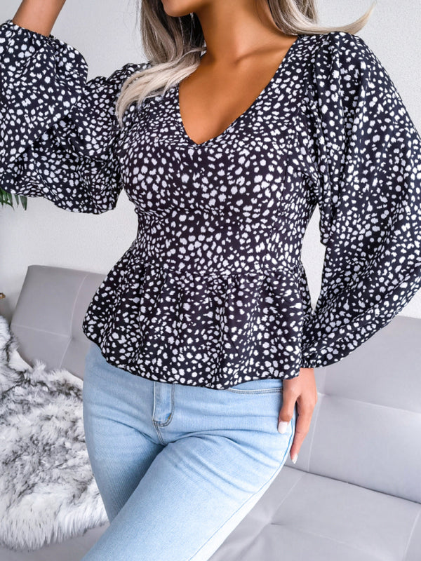 Women's Lantern long sleeve casual leopard Chiffon Shirt Top