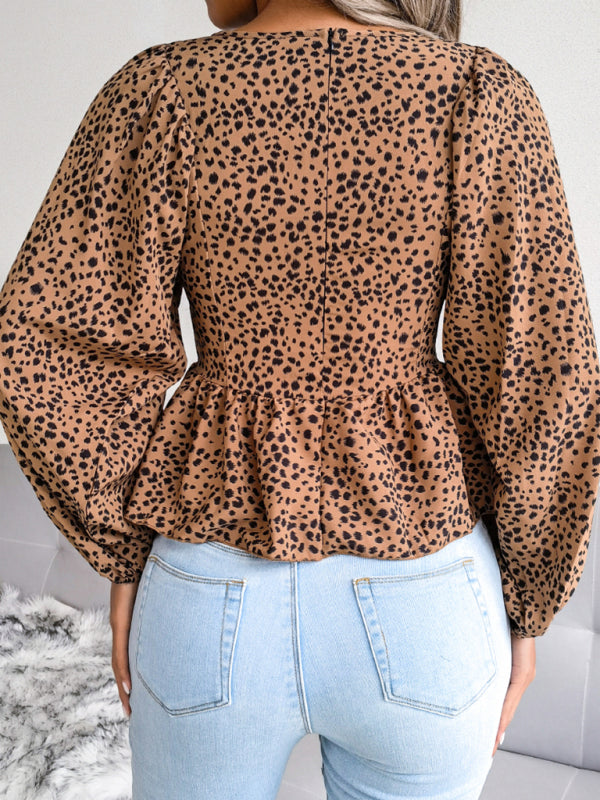 Women's Lantern long sleeve casual leopard Chiffon Shirt Top