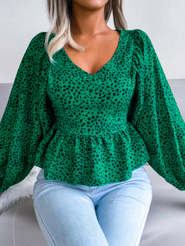 Women's Lantern long sleeve casual leopard Chiffon Shirt Top