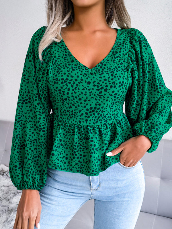 Women's Lantern long sleeve casual leopard Chiffon Shirt Top