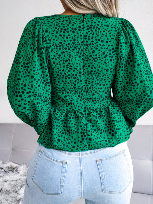 Women's Lantern long sleeve casual leopard Chiffon Shirt Top