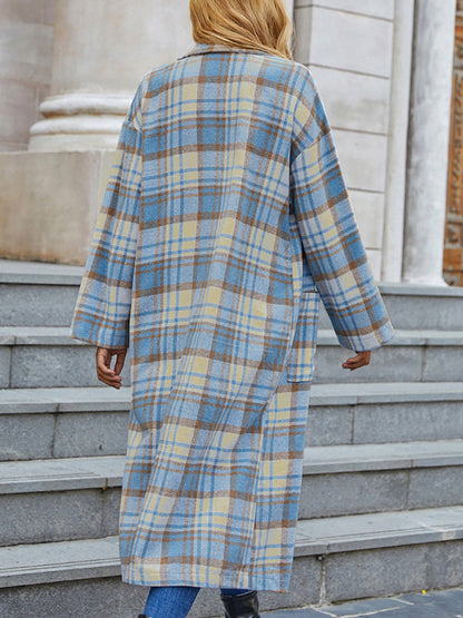 Woman'S Autumn New Blue And White Plaid Long Sleeve Pocket Cardigan Trench Coat