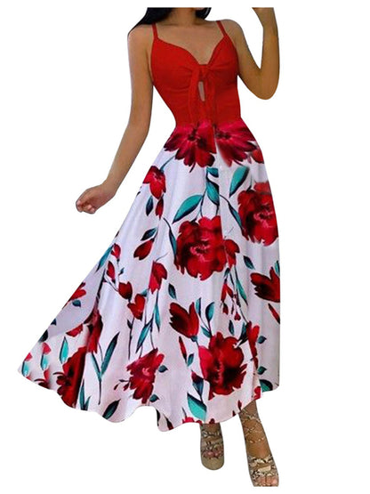 Women's Lace Up Full Floral Sexy Halter Dress Long
