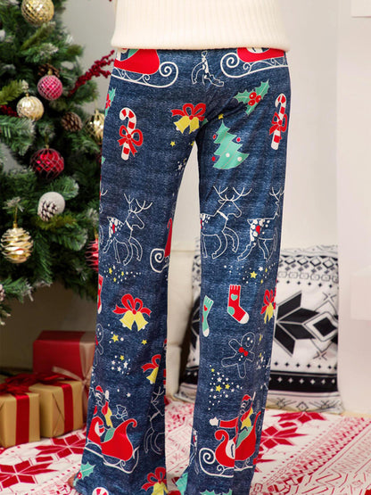 Women's Christmas Print Panel Casual Wide Leg Pants