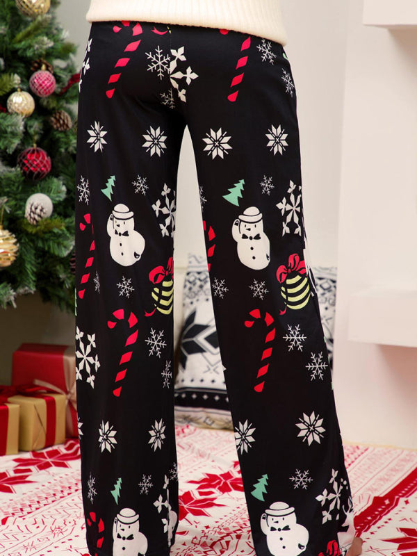 Women's Christmas Print Panel Casual Wide Leg Pants