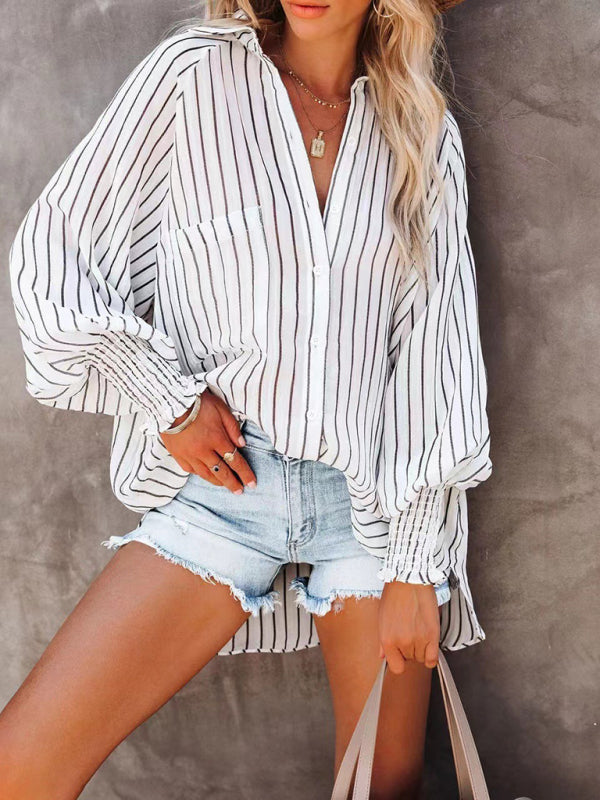 Collar shirt thin medium long stripe casual long sleeve shirt