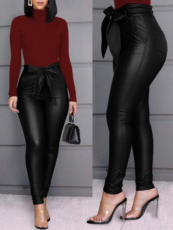 Ladies Fashion Casual PU Pants Leather Pants (with Belt)