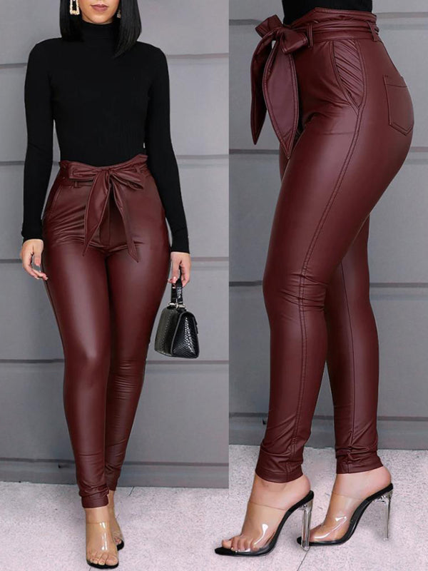 Ladies Fashion Casual PU Pants Leather Pants (with Belt)