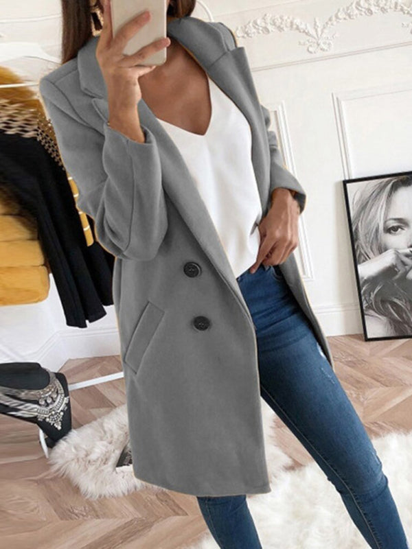 Double-breasted solid color European and American suit collar slim fit women's windbreaker