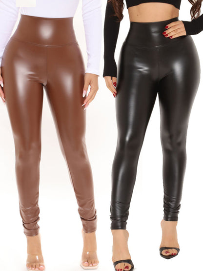 High Elastic Slim PU Trousers Motorcycle Skinny Leather Pants Small Feet Trousers