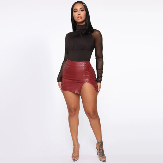 skirtBeauty high waist bag hip skirt PU leather zipper sexy black leather skirt