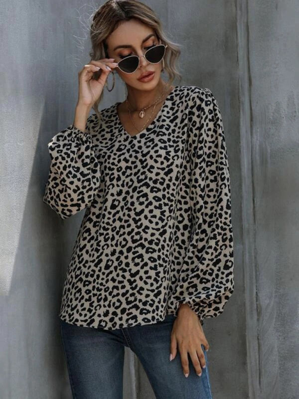 New Puff Sleeve Leopard Casual V-Neck Loose Long-sleeved Top