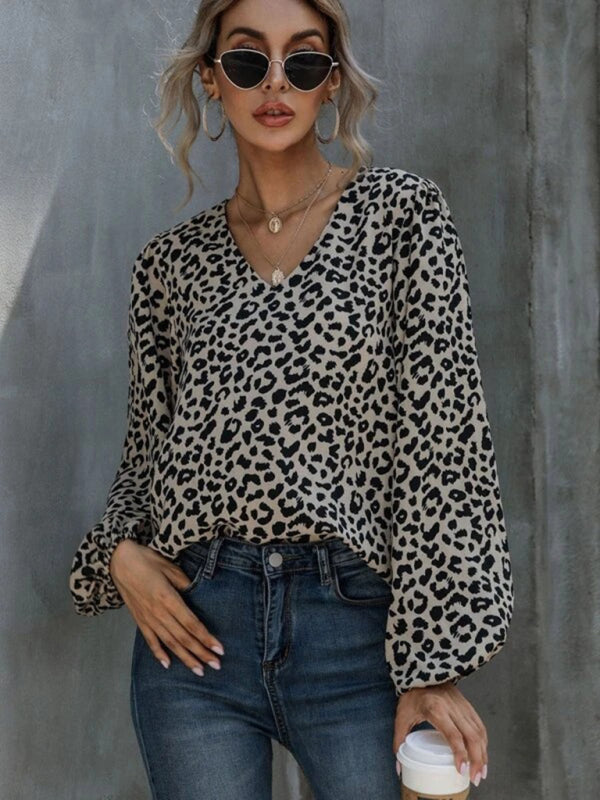New Puff Sleeve Leopard Casual V-Neck Loose Long-sleeved Top