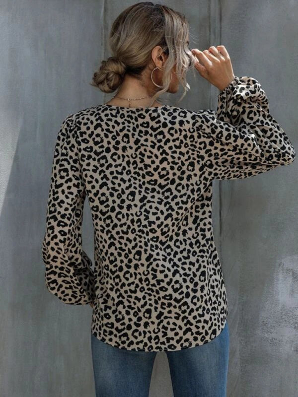 New Puff Sleeve Leopard Casual V-Neck Loose Long-sleeved Top