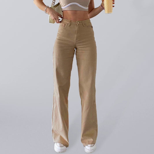 Women's solid color jeans loose slim high waist women's casual trousers
