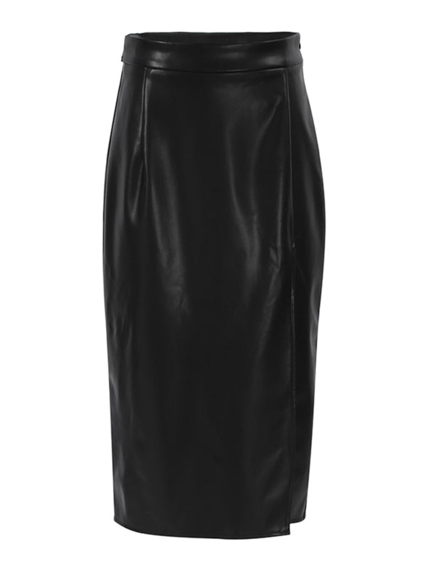 New fashion slit pu leather skirt sexy high waist bag hip skirt