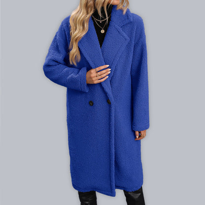 Women's mid-length thickened grain woolen blue red coat coat