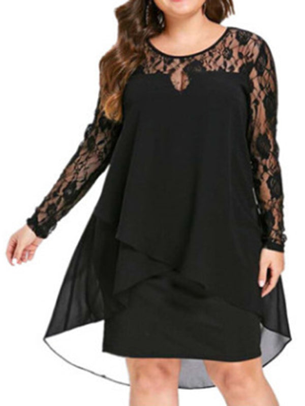 Plus size lace sleeve long sleeve splicing round neck irregular chiffon dress