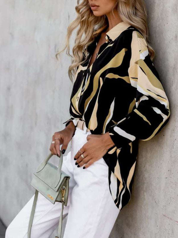 Women's loose spring and autumn printed single-breasted lantern long-sleeved shirt
