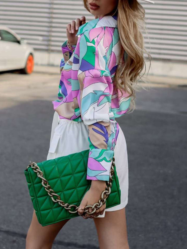 Women's loose spring and autumn printed single-breasted lantern long-sleeved shirt