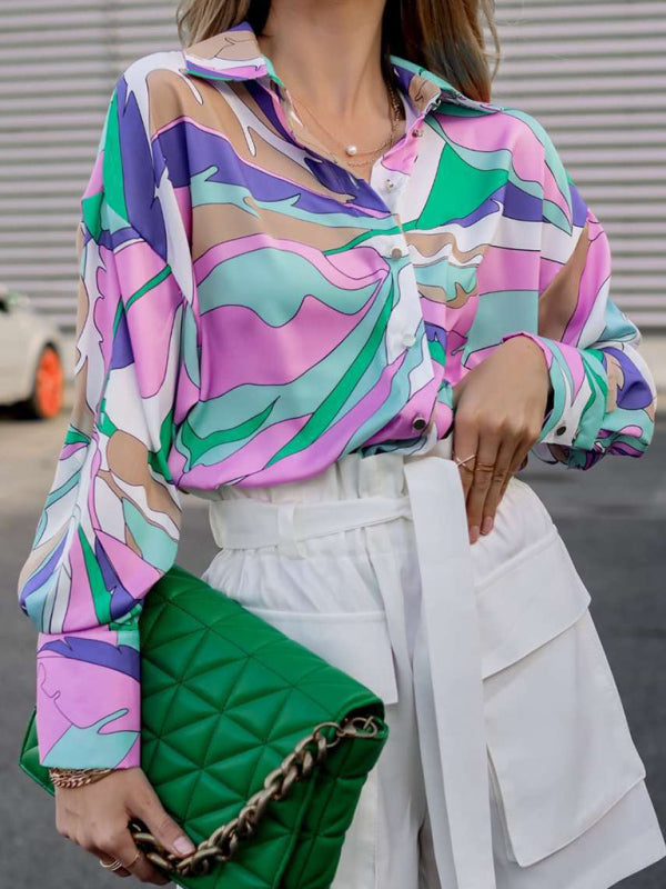 Women's loose spring and autumn printed single-breasted lantern long-sleeved shirt