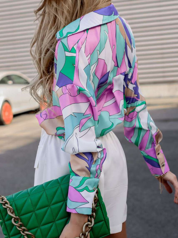 Women's loose spring and autumn printed single-breasted lantern long-sleeved shirt