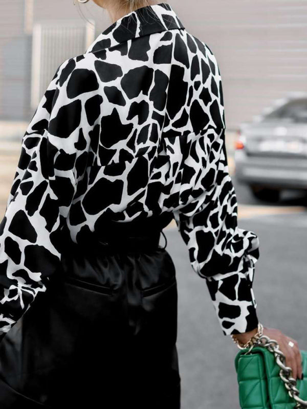 Women's loose spring and autumn printed single-breasted lantern long-sleeved shirt
