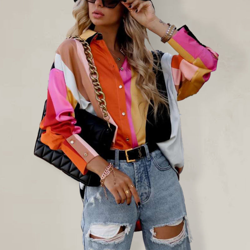 Women's loose spring and autumn printed single-breasted lantern long-sleeved shirt