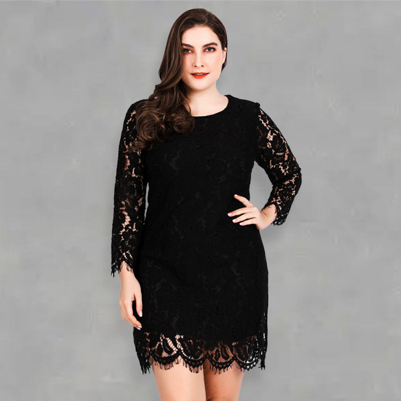 Plus size lace dress women's round neck hook flower hollow long-sleeved sexy skirt pencil skirt